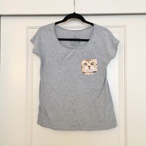 Cute Funny Cat Gray Pocket Tee Shirt